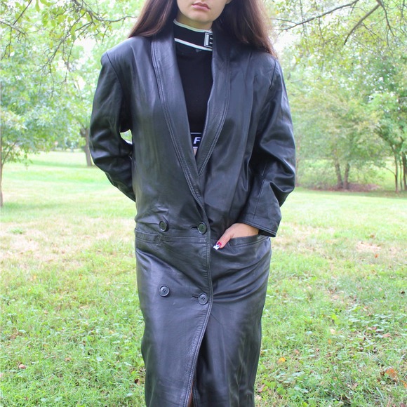 Vintage 90s Leather Trench Coat by Sabrina - Picture 7 of 11